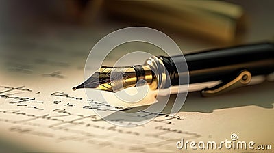 a Fountain pen resting on handwritten document. Generative Ai Stock Photo