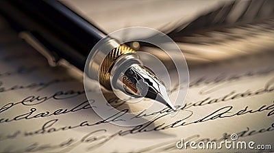 a Fountain pen resting on handwritten document. Generative Ai Stock Photo