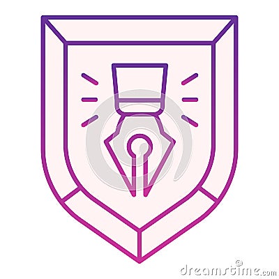 Fountain pen in shield flat icon. Copyright protection emblem violet icons in trendy flat style. Fountain pen bage Vector Illustration