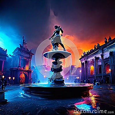 Fountain in the Plaza de Espana at night, Madrid, Spain Generative AI Stock Photo