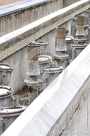 Fountain repair and maintenance. Drained hydraulic systems and lamps Stock Photo