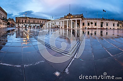 Fountain and Saint George Square on the Rainy Morning Stock Photo
