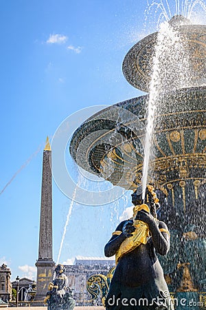 The Fountain of the Seas and the obelisk of Luxor on the Concorde square in Paris, France Stock Photo