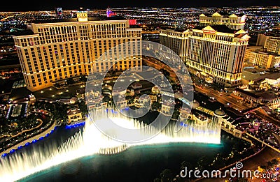 Fountain show at Bellagio hotel and casino at night, Las Vegas, Editorial Stock Photo