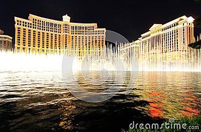 Fountain show at Bellagio hotel and casino at night, Las Vegas, Editorial Stock Photo