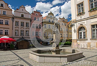 Fountain at the square in old town of Jelenia Gora, Lower Silesia, Poland. Editorial Stock Photo