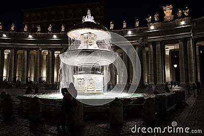 Fountain at St. Peter`s Basilica, Vatican, night Editorial Stock Photo
