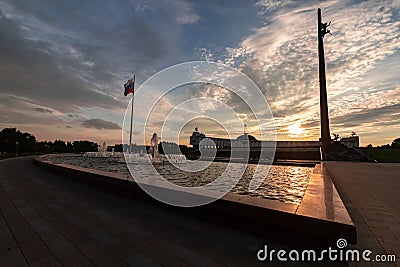 Fountain in Victory Park on Poklonnaya Gora in Moscow at sunset . Stock Photo