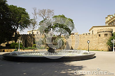 Fountain with water cascade in summer Stock Photo