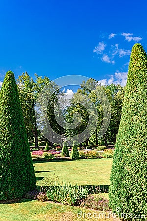 Fountains of Peterhof. View of Roman fountains in Lower park of Peterhof. Beautiful garden with green grass, shrubs and Editorial Stock Photo