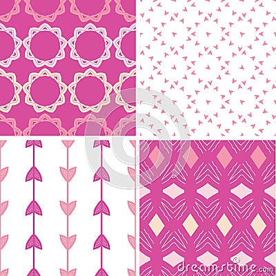 Four abstract geometric pink seamless patterns set Vector Illustration