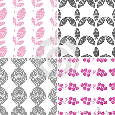 Four abstract pink gray textured leaves seamless Vector Illustration