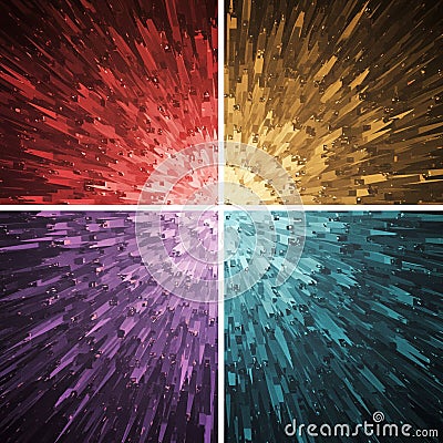 Four abstract quadrants feature dynamic, exploding patterns of geometric blocks. Stock Photo