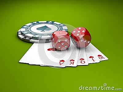 Four aces with casino poker chips and dice. Casino Games 3D Illustration Stock Photo