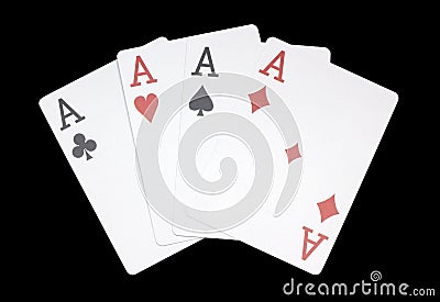 Four aces combination, poker, casino, curved, on dark background Stock Photo