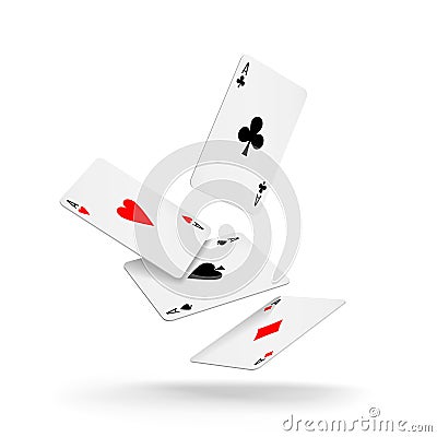 Four aces of diamonds, clubs, spades and hearts fall or fly on white background. Cartoon Illustration