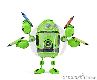 Four-armed 3d robot with pencils. Multitasking concept. Isolated. Contains clipping path Stock Photo