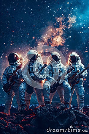 Four astronauts with guitars are standing in front of bright star background. Generative AI Stock Photo