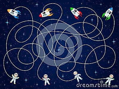 Four astronauts and four spacecraft are floating in open space with stars. Unravel the hoses and guess where is the ship? Vector Illustration