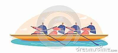 Four Athletes Swim On Boat. Concept Of Rowing Competition, People Enjoy Active Water Sports Game, Extreme Activity Vector Illustration