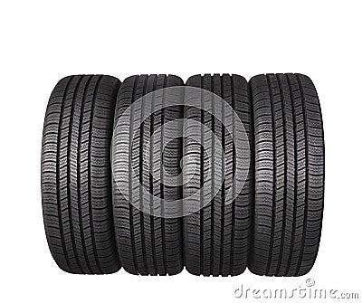 Four automobile black rubber tires isolated on white Stock Photo