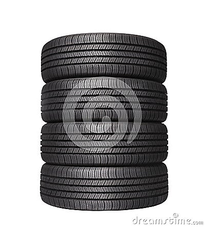 Four automobile black rubber tires on white Stock Photo