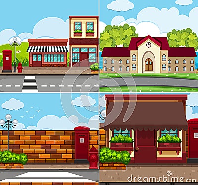 Four background scenes with buildings and roads Vector Illustration