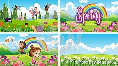 Four background scenes with children and animals in the park Vector Illustration