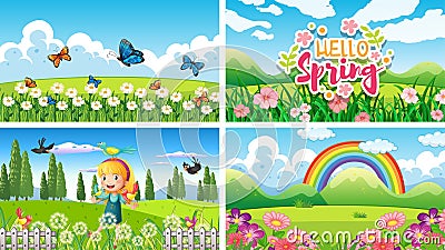 Four background scenes with children and animals in the park Vector Illustration