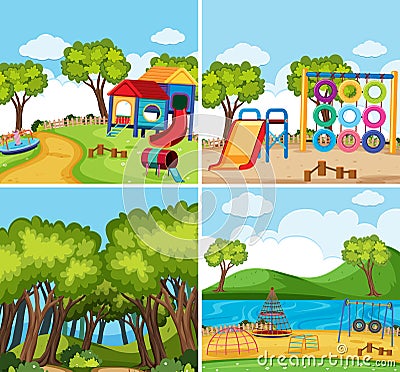 Four background scenes with playgrounds and forest Vector Illustration