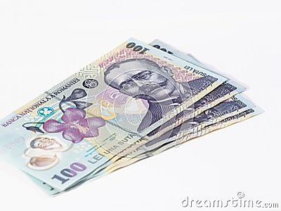 Four banknotes worth 100 Romanian Lei isolated on a white background Stock Photo