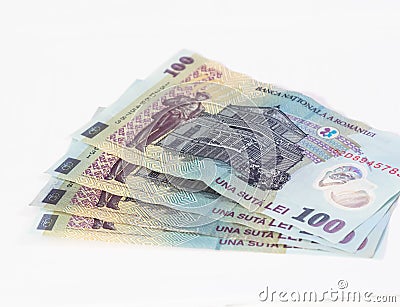 Four banknotes worth 100 Romanian Lei isolated on a white background Stock Photo