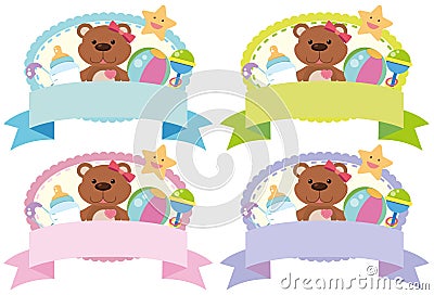 Four banner design with teddybear and toys Vector Illustration