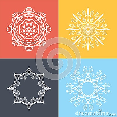 Four beautiful circular ornament on a colored background. Mandala. Stylized flowers. Islam, Arabic, Indian, ottoman motifs. Vector Illustration