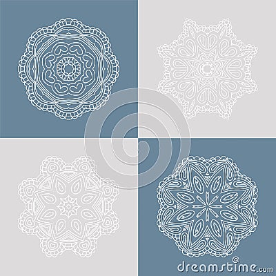 Four beautiful circular ornament on a colored background. Mandala. Stylized flowers. Vintage decorative elements. Vector Illustration