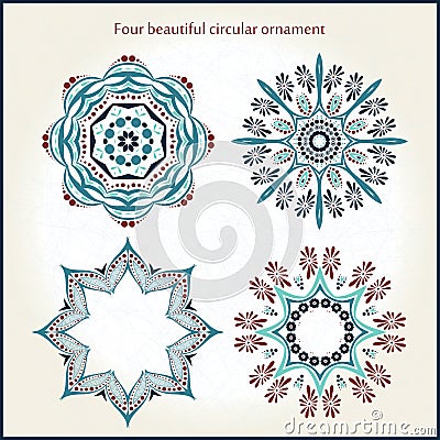 Four beautiful circular ornament. Mandala. Vintage decorative elements. Islam, Arabic, Indian, ottoman motifs. Vector Illustration