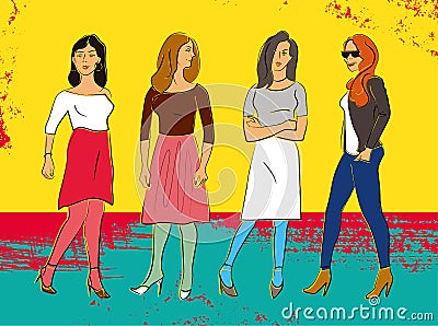 Four beautiful fashion girls. Colorful poster in grunge style. Vector illustration. Vector Illustration