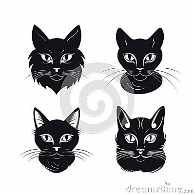 Four Black Cat Head Icons In The Style Of Black And White Portraits Stock Photo