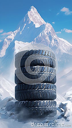 Four black tires against a winter mountain backdrop scene Stock Photo