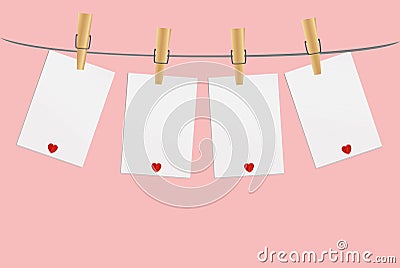 Four blank paper with red heart hanging on the wooden cloth pegs Cartoon Illustration