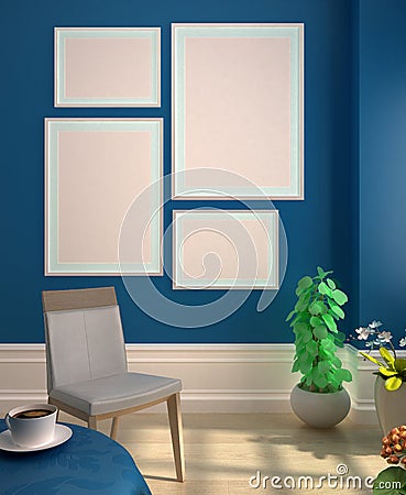 Four blank posters mock up with frame on the classic blue color wall above the cabinet in living room interior. 3d illustration Cartoon Illustration