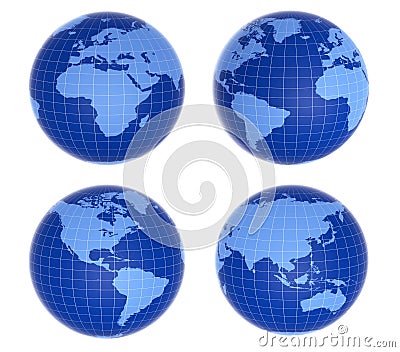 Four blue globes showing different Stock Photo