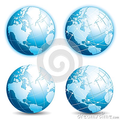Four blue globes. World icons set. Eaarth and connectivity. Vector Illustration