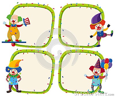 Four border templates with happy clowns Vector Illustration