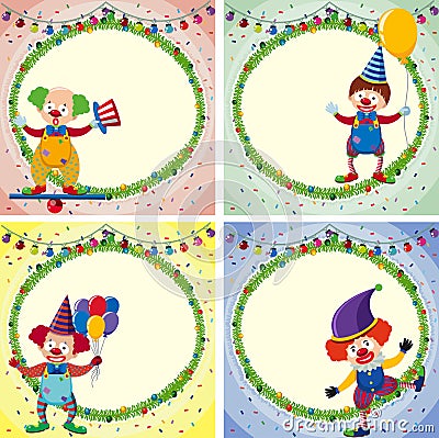 Four border templates with happy clowns and lights Vector Illustration