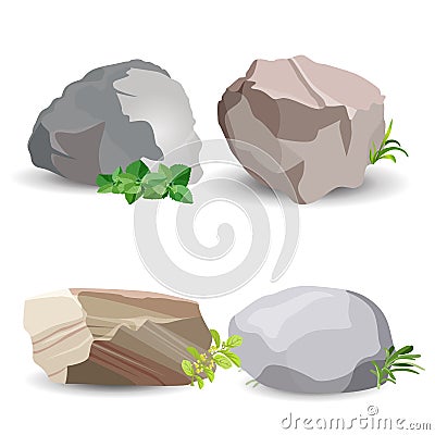 Four boulder stones with green grass isolated on white Vector Illustration