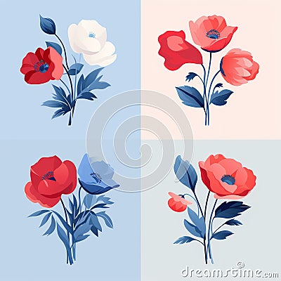 Romantic Poppy Vector Set On Blue And White Backgrounds Stock Photo