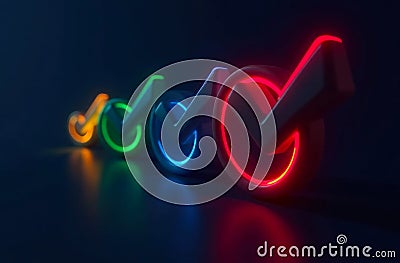 Four bright check marks illuminated in various colors are arranged in a row, creating a striking visual effect Stock Photo