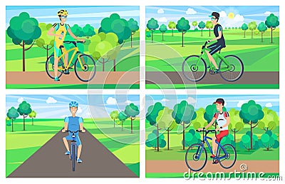 Four Bright Posters with Cute Summer Landscapes Vector Illustration