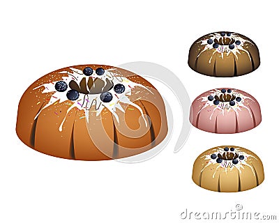 Four Bundt Cake Topped with Sugar Glaze and Blueberry Vector Illustration